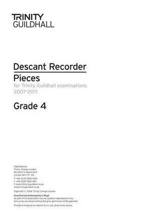 Download Descant Recorder Exam Pieces Grade 4 2007-2011 (part Only) (Trinity Guildhall Descant Recorder Examination Pieces 2007-2011) - Trinity Guildhall | PDF